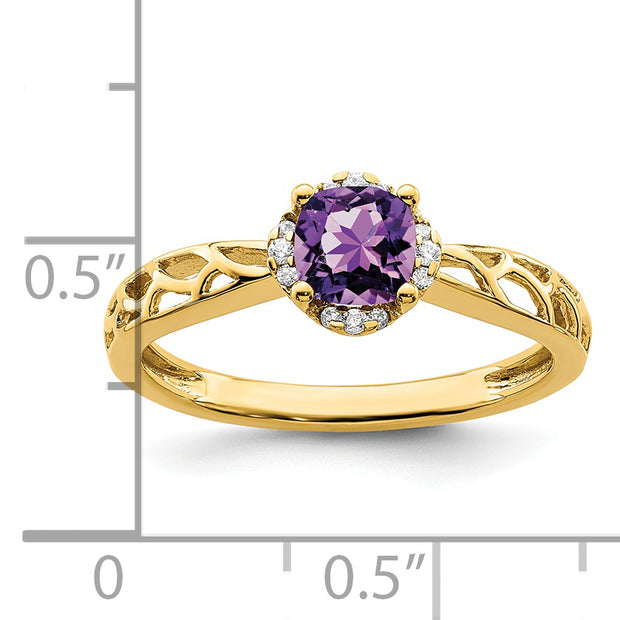 14k Gold Polished Amethyst and Diamond Ring
