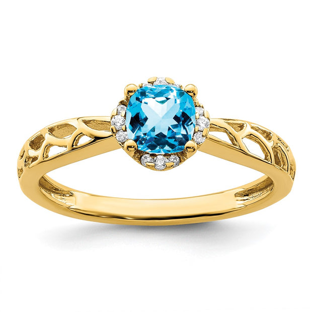 14k Gold Polished Blue Topaz and Diamond Ring