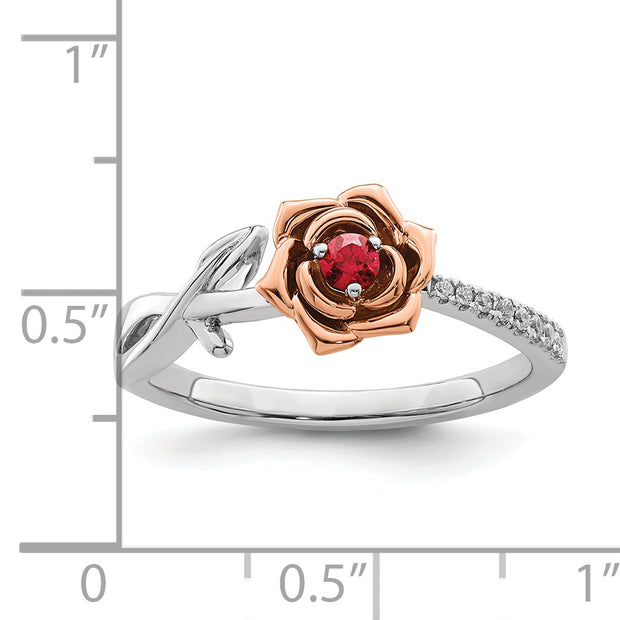 14K Two-tone White & Rose Ruby and Diamond Flower Ring