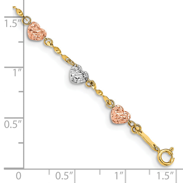 14k Tri-color Diamond-cut Puff Heart Bracelet