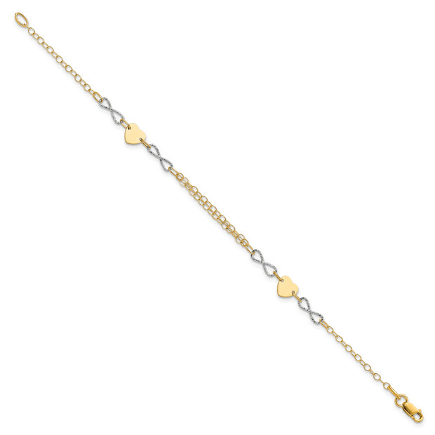 14k Two-tone Gold Polished Infinity and Heart Bracelet
