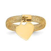 14K Gold Woven Mesh Stretch Polished Heart Charm Ring