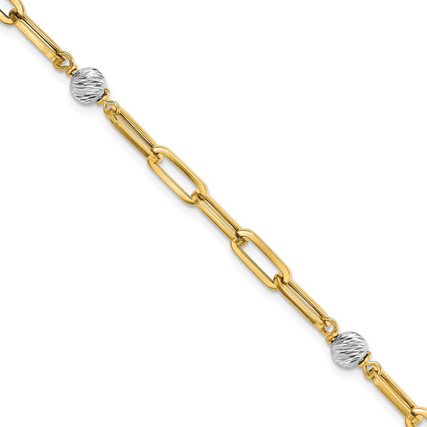 14K Two-tone Polished D/C Beads & Fancy Link Bracelet
