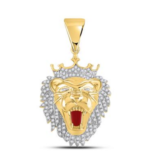 For Dad, With Love: 10K YELLOW GOLD ROUND DIAMOND KING LION CROWN CHARM PENDANT 1 CTTW