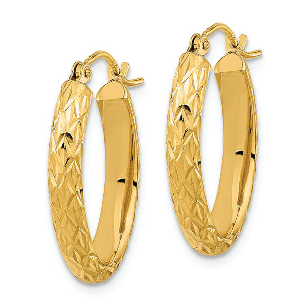 14K Polished Diamond-cut Fancy Oval Hoop Earrings