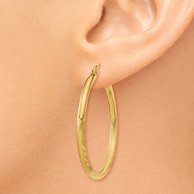 14k Satin & Diamond-cut 2.5mm Round Hoop Earrings