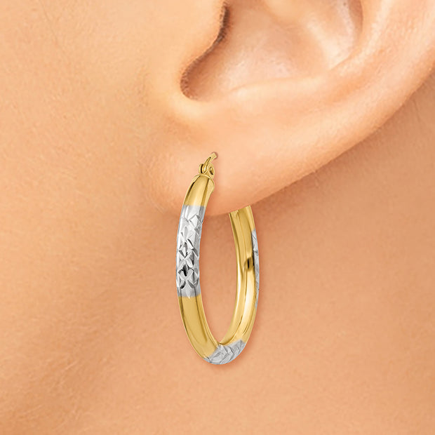 14K and Rhodium Diamond-cut 3x25mm Hoop Earrings