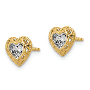 14k w/Rhodium Diamond-cut Center Heart Post Earrings