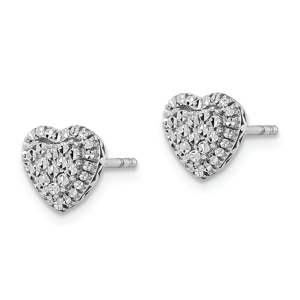 14k White Polished Diamond-cut Heart Post Earrings