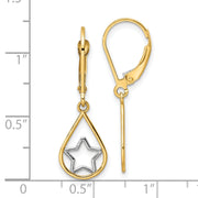 14k w/Rhodium Star in Teardrop Leverback Dangle Earrings