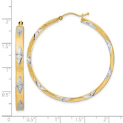 14K White Rhodium Polished Satin Diamond-cut Fancy Hoop Earrings