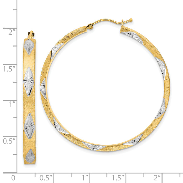 14K White Rhodium Polished Satin Diamond-cut Fancy Hoop Earrings