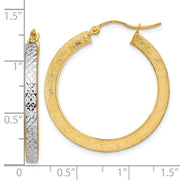 14K w/White Rhodium Polished Satin Diamond-cut Hoop Earrings