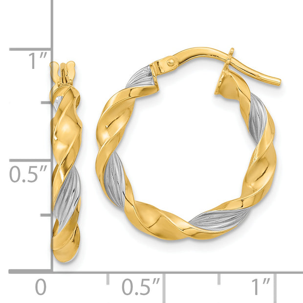 14K & White Rhodium Polished & Textured Twist Hoop Earrings
