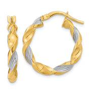 14K & White Rhodium Polished & Textured Twist Hoop Earrings
