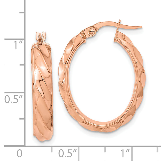 14K Rose Polished and Twisted Oval Hoop Earrings
