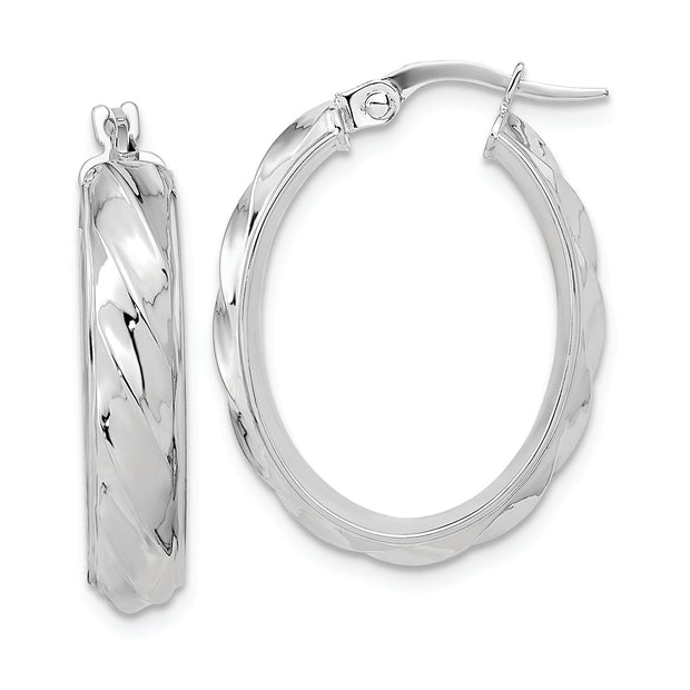14K White Gold Polished and Twisted Oval Hoop Earrings