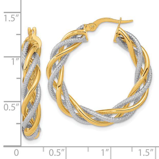 14K and White Rhodium Polished and Textured Twisted Hoop Earrings
