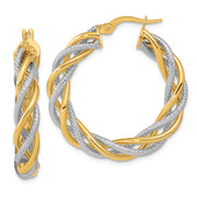 14K and White Rhodium Polished and Textured Twisted Hoop Earrings