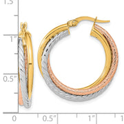 14K w/White and Rose Rhodium Polished and Textured Hoop Earrings