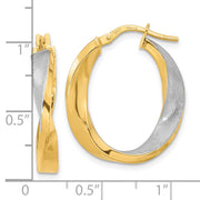 14K w/White Rhodium Polished and Satin Oval Twist Hoop Earrings