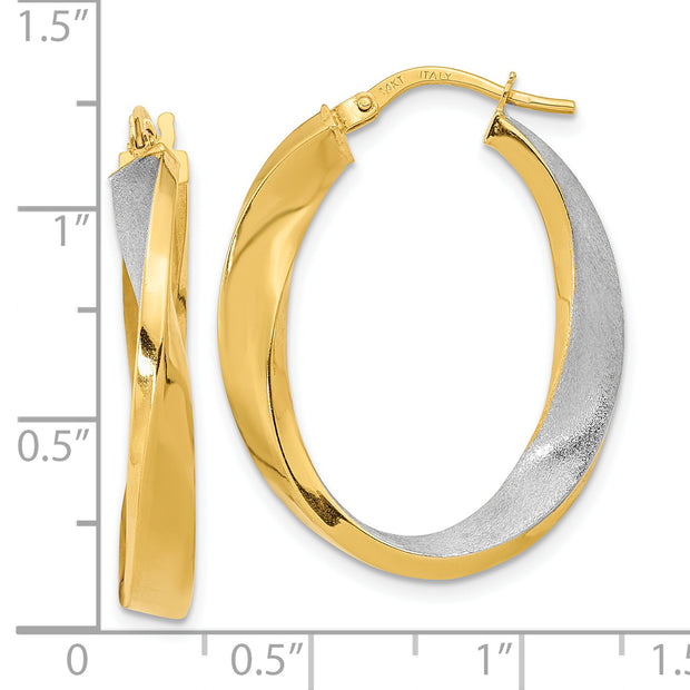 14K w/White Rhodium Polished and Satin Oval Twist Hoop Earrings