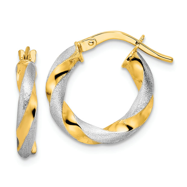 14K w/ White Rhodium Brushed and Polished Twisted Hoop Earrings