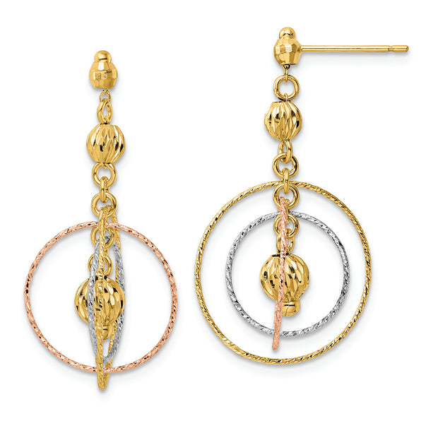 14K Tri-Color Open Circles Diamond Cut Bead Earrings