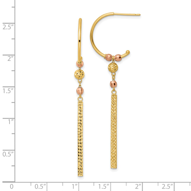 14K Two Tone J-Hoop with Diamond-cut Dangle Earrings