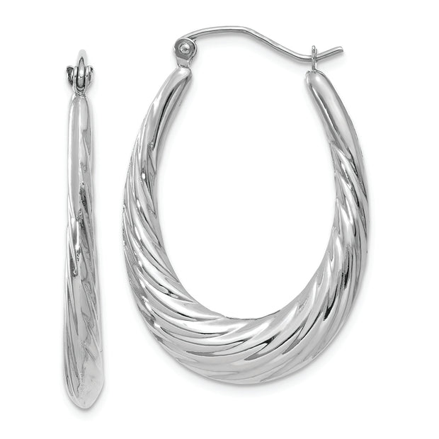 14k White Gold Polished and Textured Oval Hoop Earrings