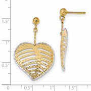 14k Two-Tone Polished Textured Filigree Heart Dangle Post Earrings
