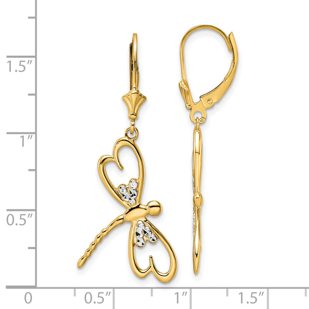 14k & White Rhodium D/C Dragonfly Leverback Earrings