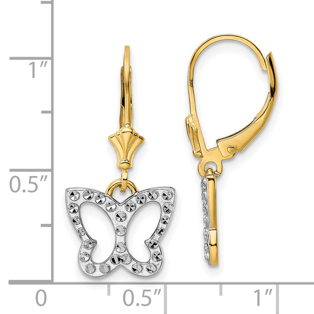 14k & White Rhodium D/C Butterfly Leverback Earrings