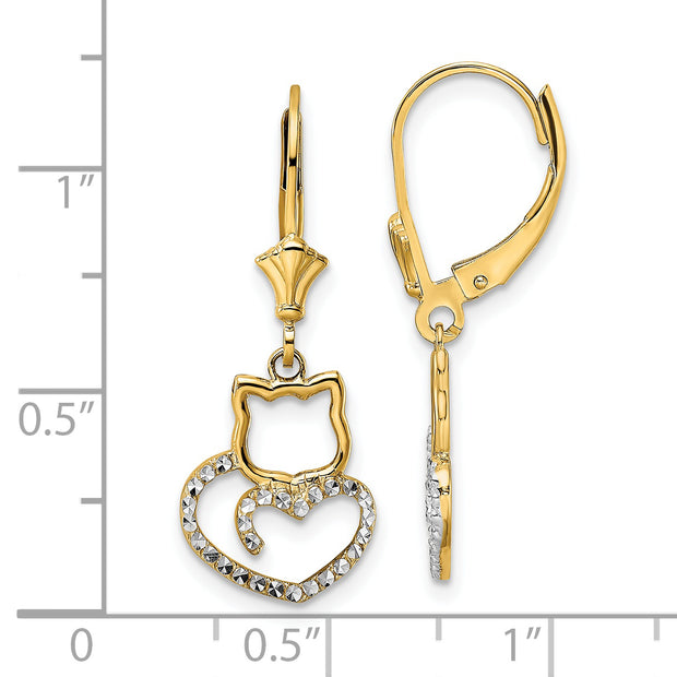 14k & White Rhodium D/C Cat Heart Leverback Earrings