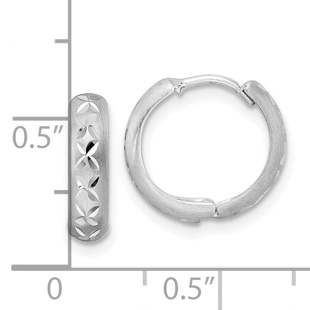 14k White Gold Diamond-cut X Satin 3x13mm Hinged Hoop Earrings
