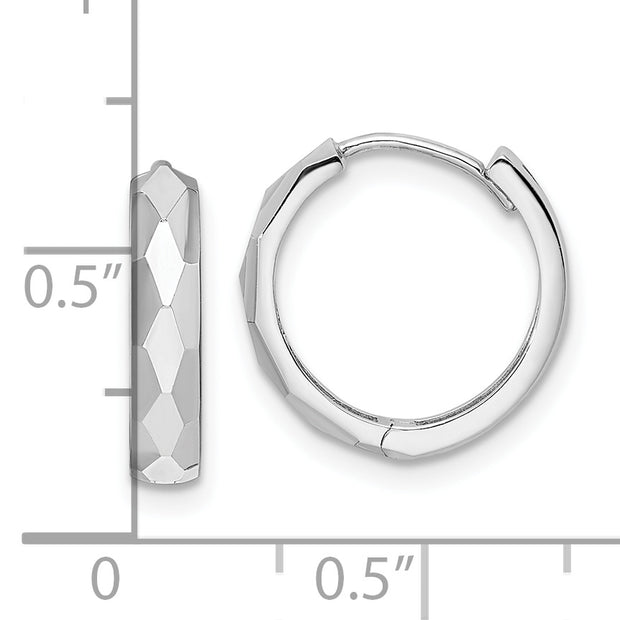 14k White Gold Polished Faceted 3x15mm Hinged Hoop Earrings