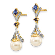 14k 7-8mm FWC Pearl Created Sapphire Diamond Dangle Post Earrings
