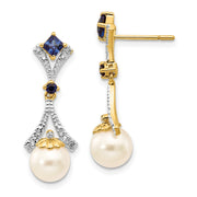 14k 7-8mm FWC Pearl Created Sapphire Diamond Dangle Post Earrings