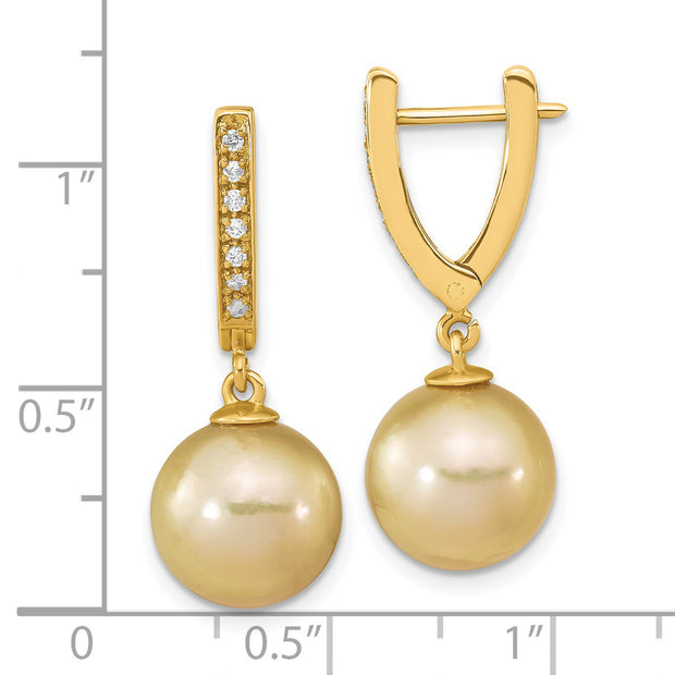 14K 10-11mm Round Golden Saltwater South Sea Pearl .105ct. Dia. Dangle Earr