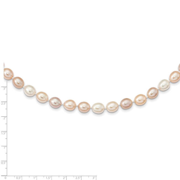 14K 8-9mm Rice Pink Purple White Alternating Color FWC Pearl Necklace