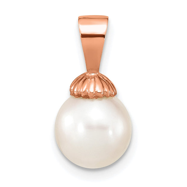 14K Rose Gold 8-9mm White Round Freshwater Cultured Pearl Pendant