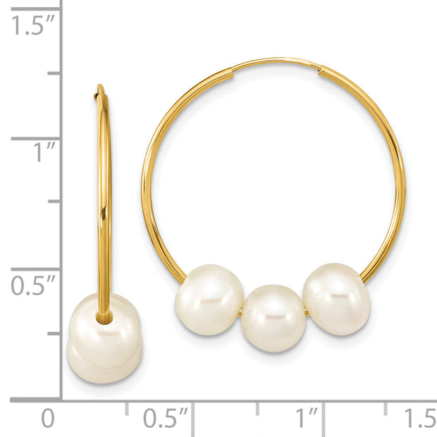14K 6-7mm Semi-round White FWC Pearl Hoop Dangle Earrings