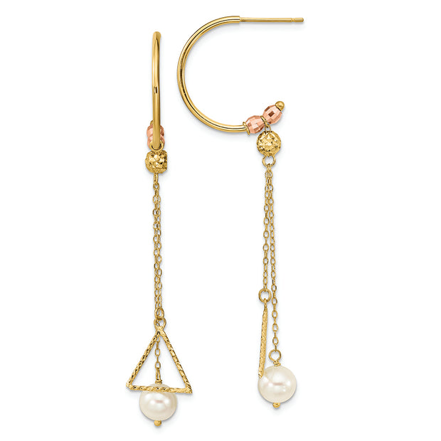 14K Two-tone Half Circle Diamond-cut 6mm FW Cultured Pearl Dangle Earrings