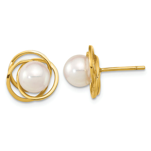 14K 6-7mm Round White Saltwater Akoya Pearl Cultured Post Earrings
