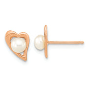 14K Rose Gold 3-4mm Button White FWC Pearl Heart Earrings
