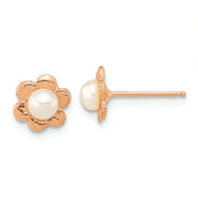 14K Rose Gold 3-4mm Button White FWC Pearl Flower Earrings