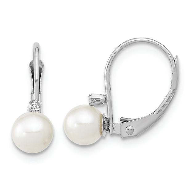 14K White Gold 5-6mm Round White FWC Pearl .02ct. Dia. Leverback Earrings