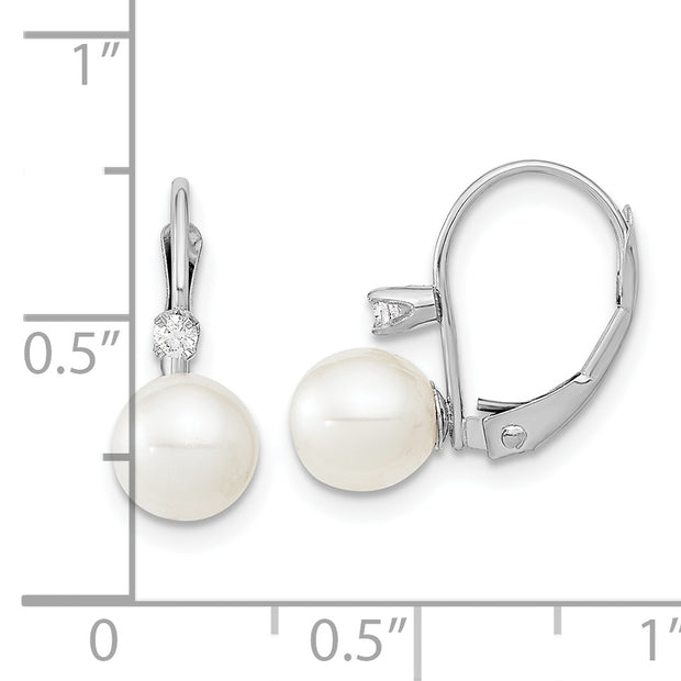 14K White Gold 6-7mm Round White FWC Pearl .06ct. Dia. Leverback Earrings