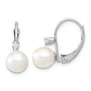 14K White Gold 6-7mm Round White FWC Pearl .06ct. Dia. Leverback Earrings