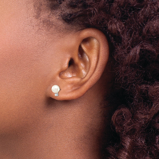 14K White Gold 7-8mm Round White Saltwater Akoya .10ct. Diamond Earrings